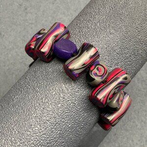 Polymer Clay Stretch Bracelet 7 In Beaded Purple Red Black Gray Swirl Handmade